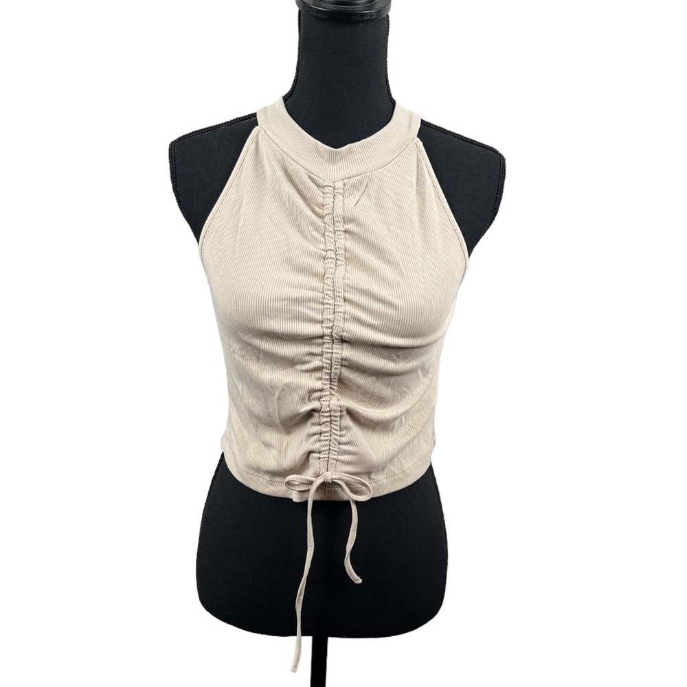 Happily Grey Women’s Tan Drawstring Ruched Ribbed Halter Top Size Large NWT/NEW‎
